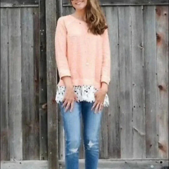 Anthropologie Sunday in Brooklyn lace hem sweater peach pull over top medium - Picture 10 of 11
